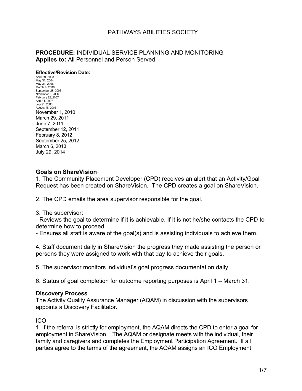 Procedure: Individual Service Planningand Monitoring