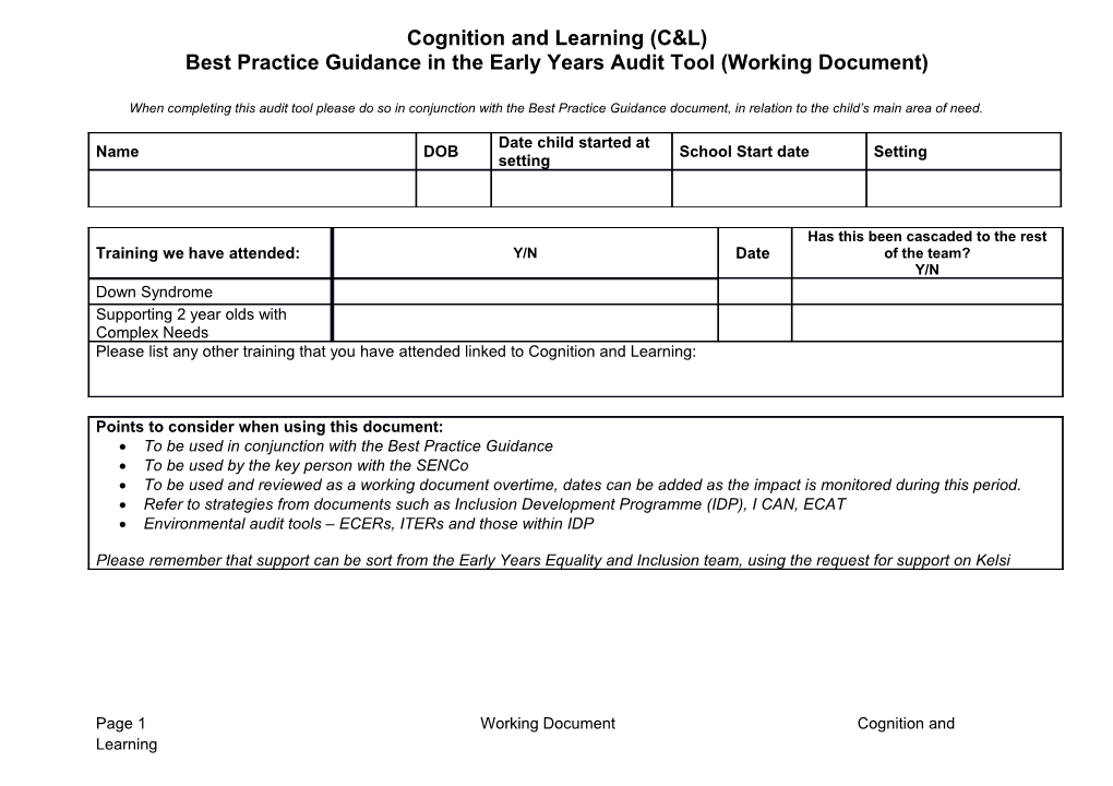 Best Practice Guidance in the Early Years Audit Tool (Working Document)