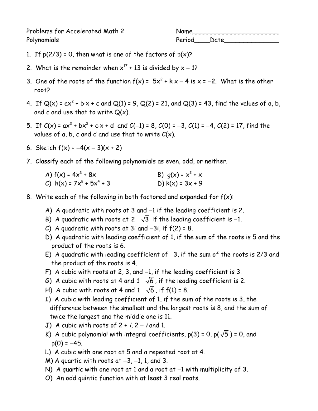 Problems for Accelerated Math 2