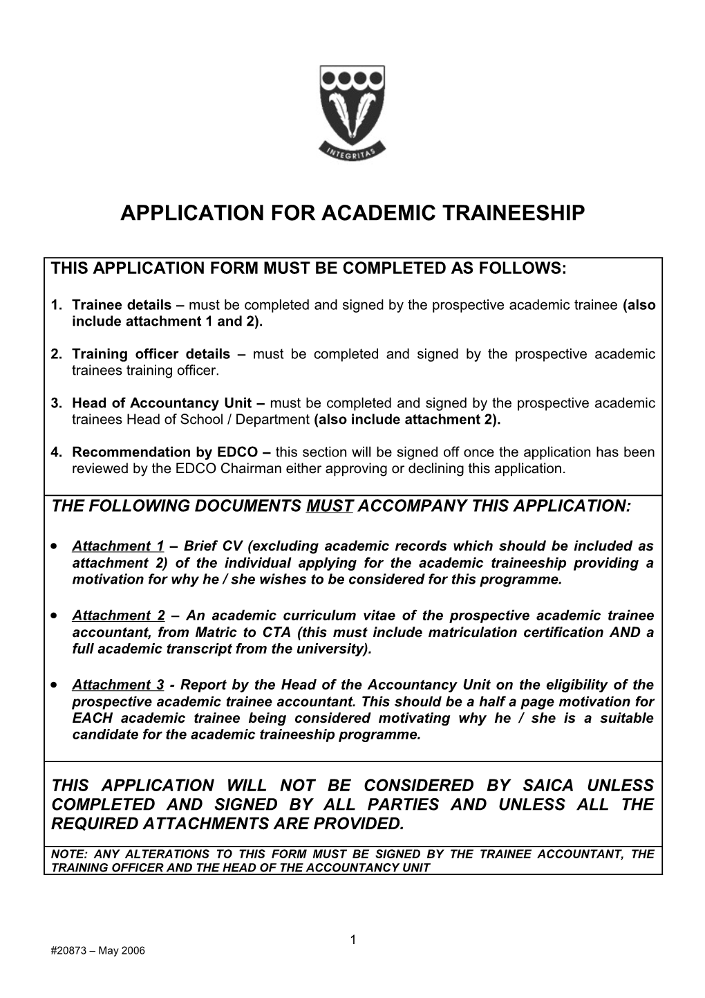 Application for Academic Traineeship