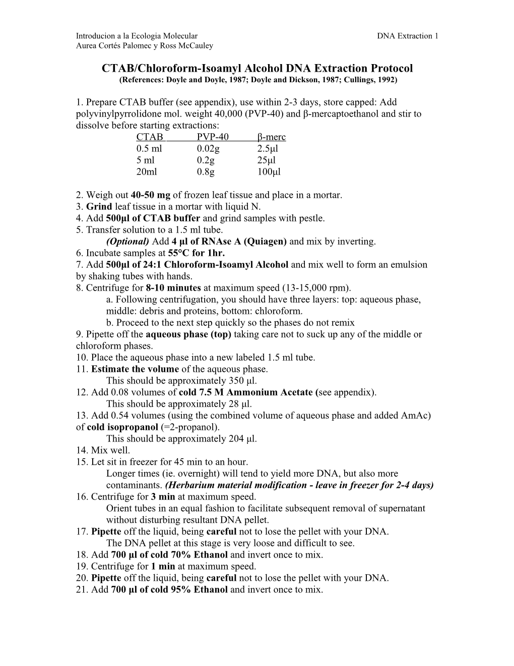 CTAB/Chloroform-Isoamyl Alcohol DNA Extraction Protocol