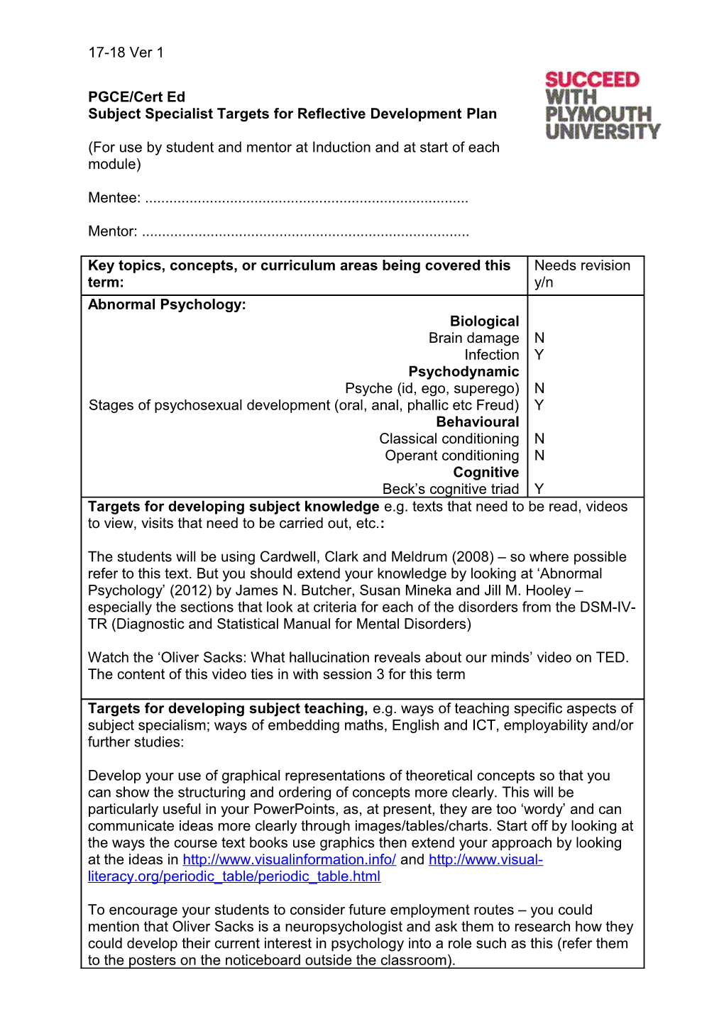 Subject Specialist Targets for Reflective Development Plan