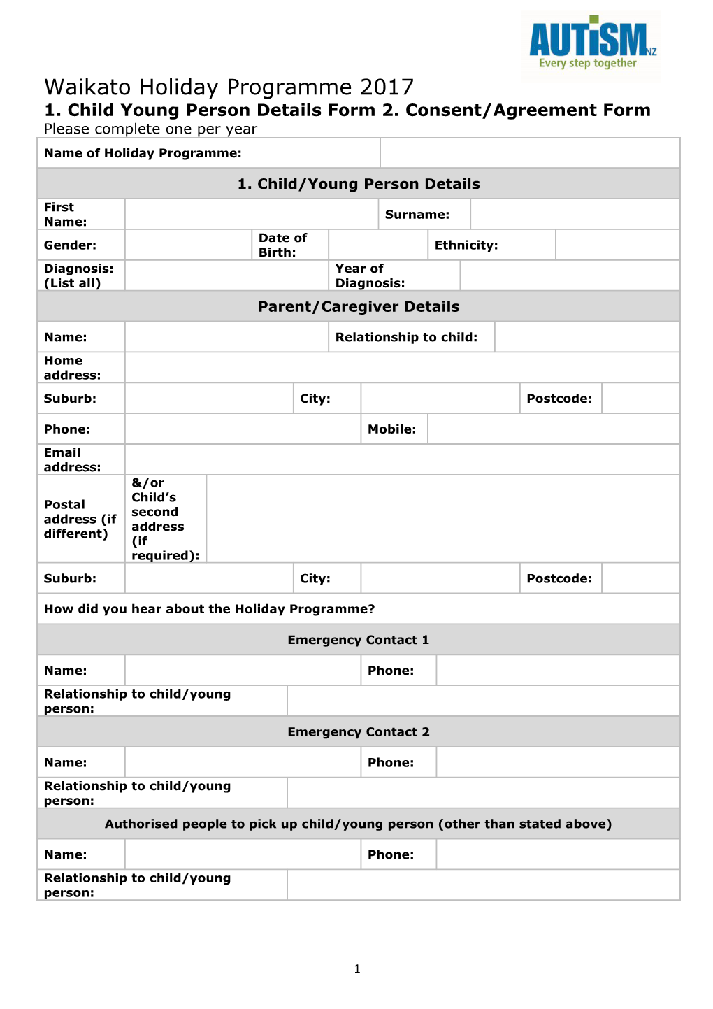 1. Child Young Person Details Form 2. Consent/Agreement Form