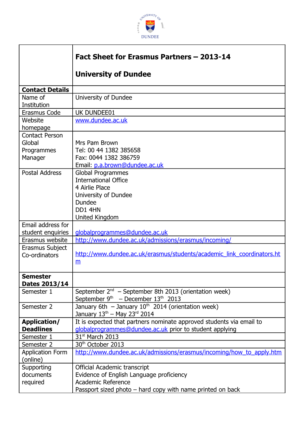 Fact Sheet for Erasmus Partners