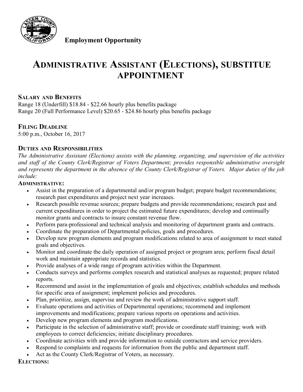 Administrative Assistant (Elections), SUBSTITUE APPOINTMENT