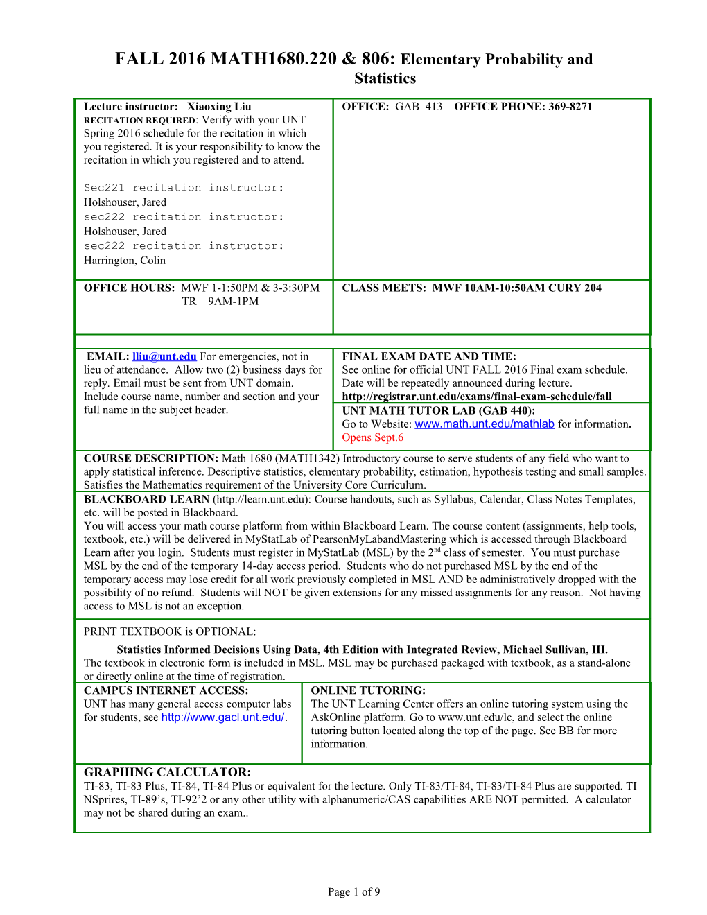 FALL 2016 MATH1680.220 & 806: Elementary Probability and Statistics