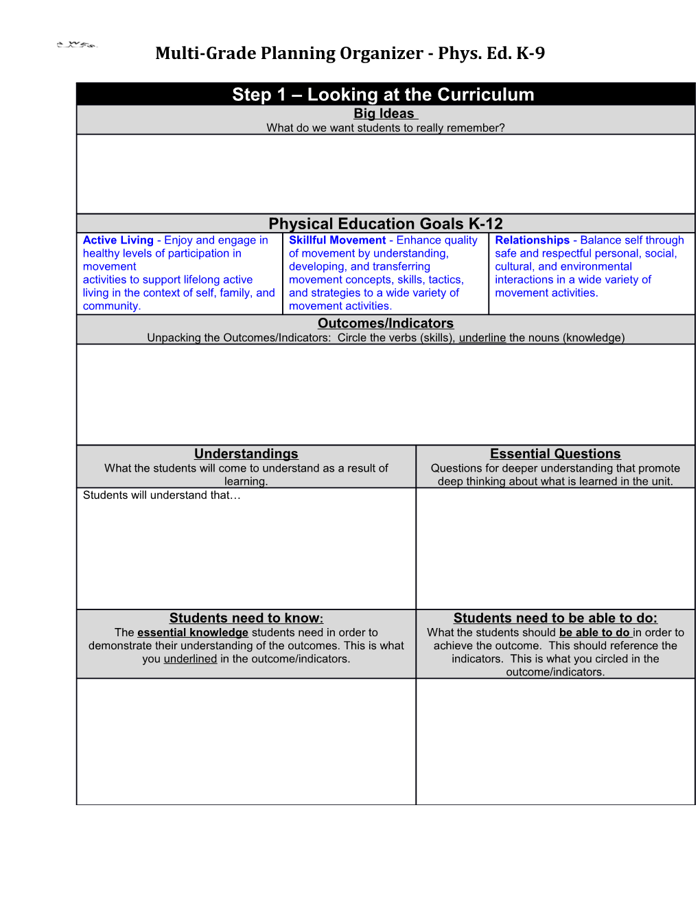 Multi-Grade Planning Organizer - Phys. Ed. K-9