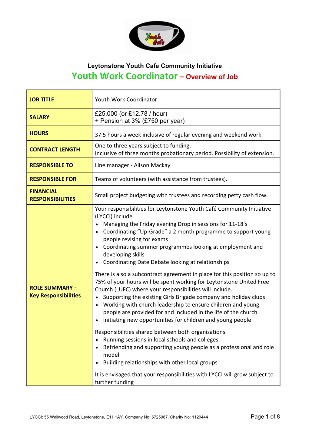 Youth Work Coordinator Job Specification