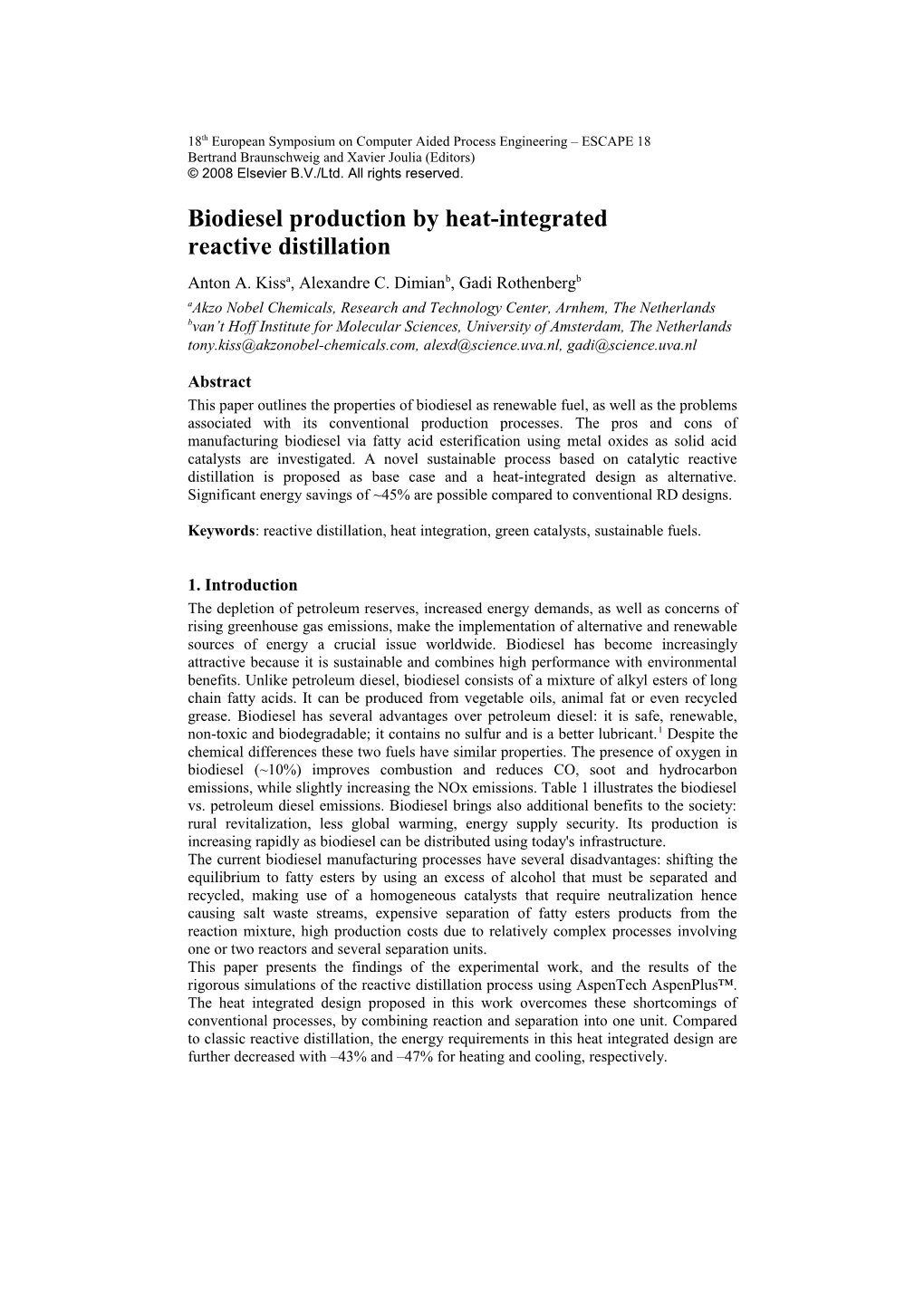 Biodiesel Production by Heat-Integrated Reactive Distillation 1