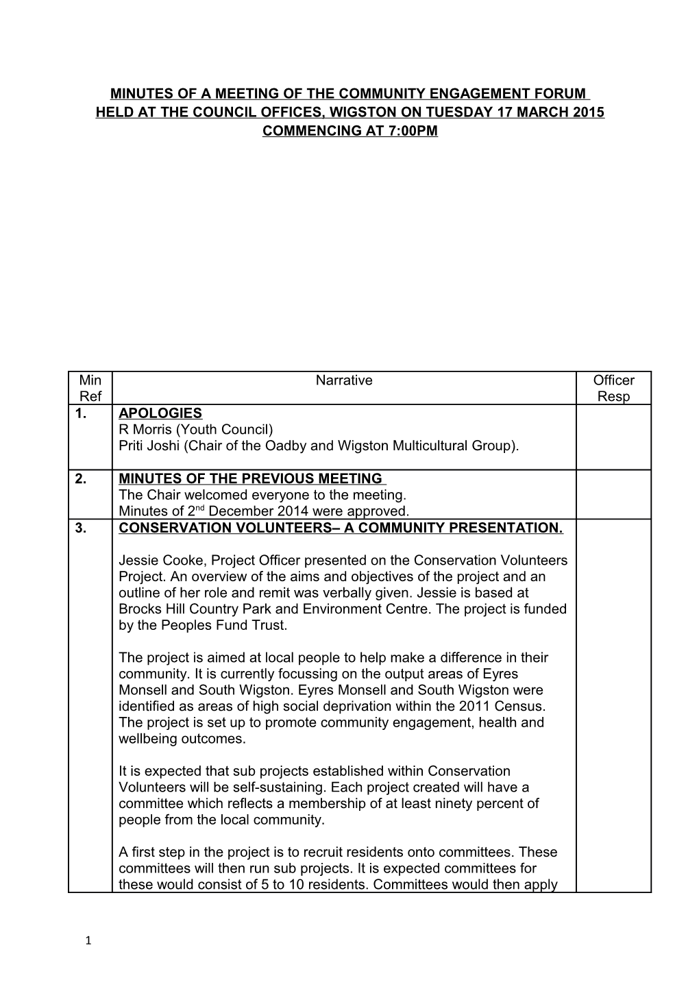 Minutes of a Meeting of the Community Engagement Forum