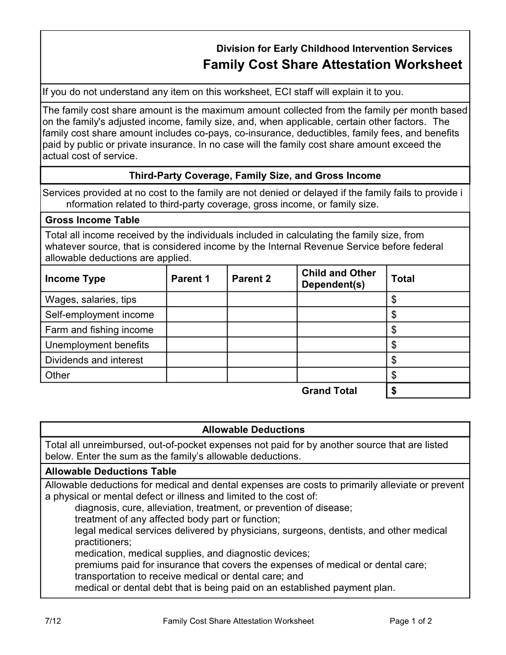 Family Cost Share Attestation Worksheet