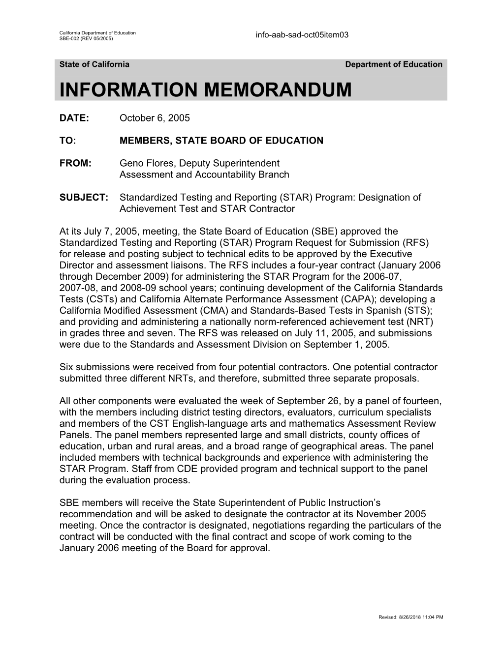 October 2005 SAD Agenda Item 3 - Information Memorandum (CA State Board of Education)