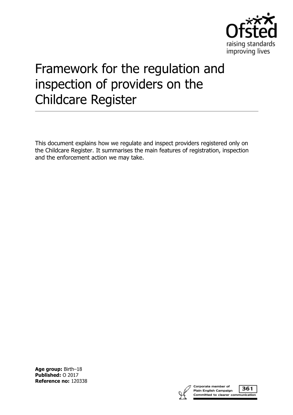 Framework for the Regulation and Inspection of Providers on the Childcare Register