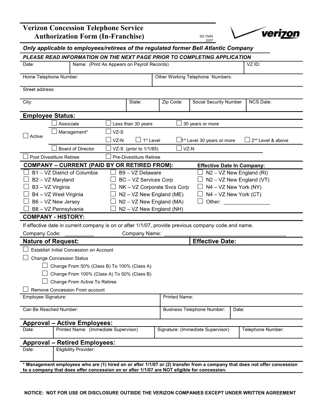 Verizon Concession Telephone Service Authorization Form