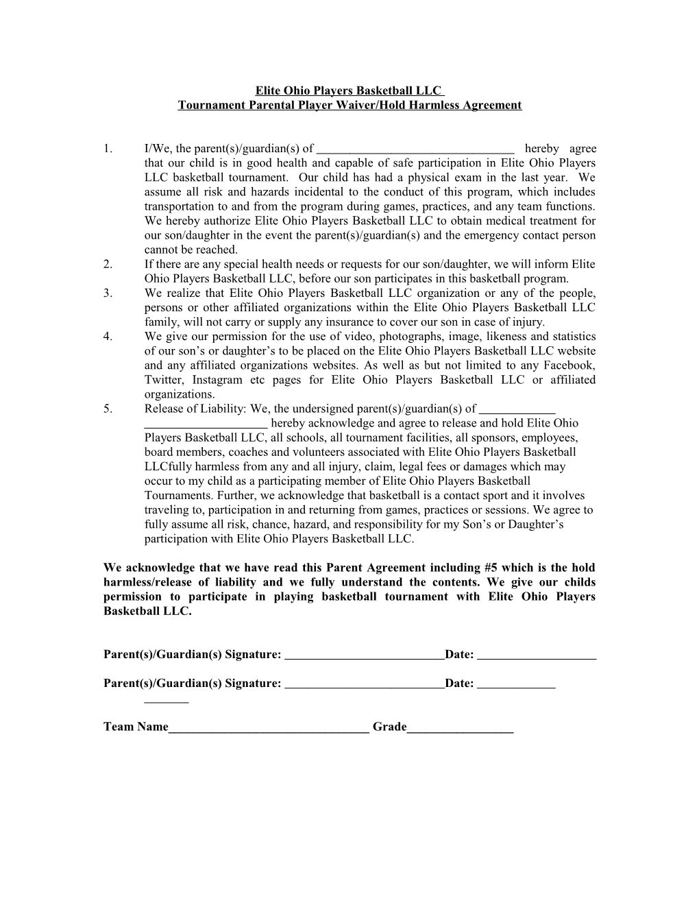 Tournament Parental Player Waiver/Hold Harmless Agreement