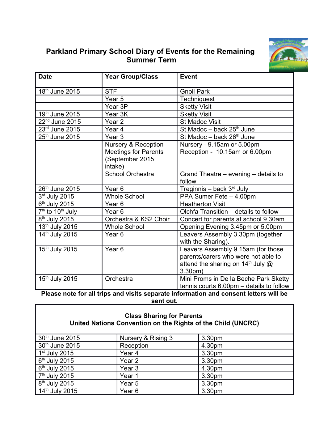 Parkland Primary School Diary of Events for the Remaining