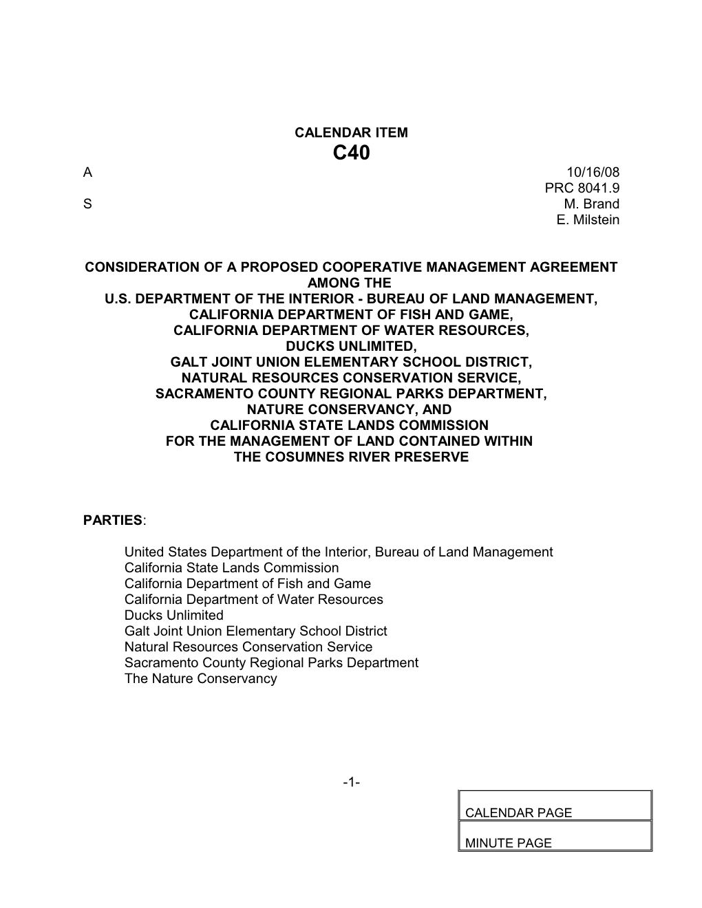 Consideration of a Proposed Cooperative Management Agreement Among The
