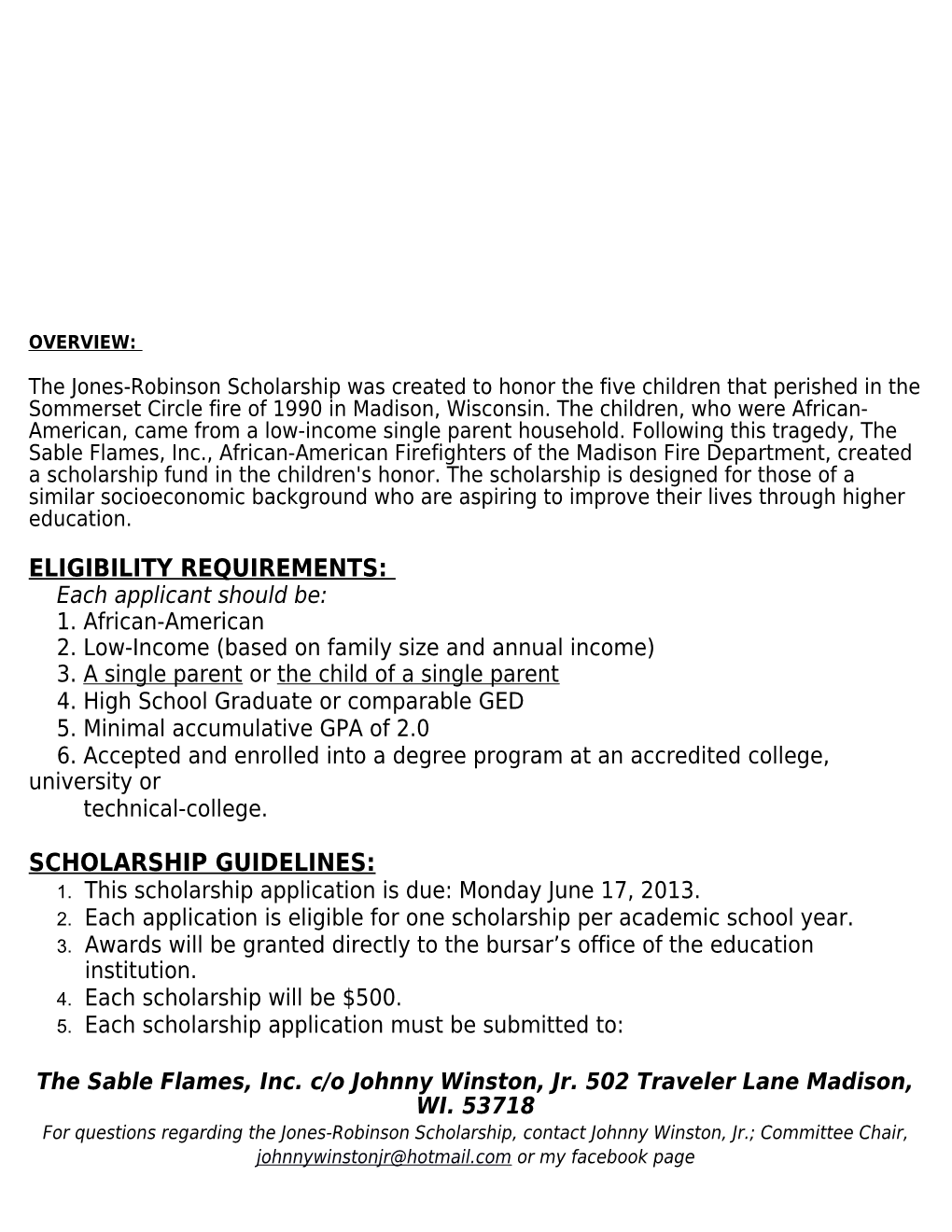 Jones-Robinson Scholarship General Information