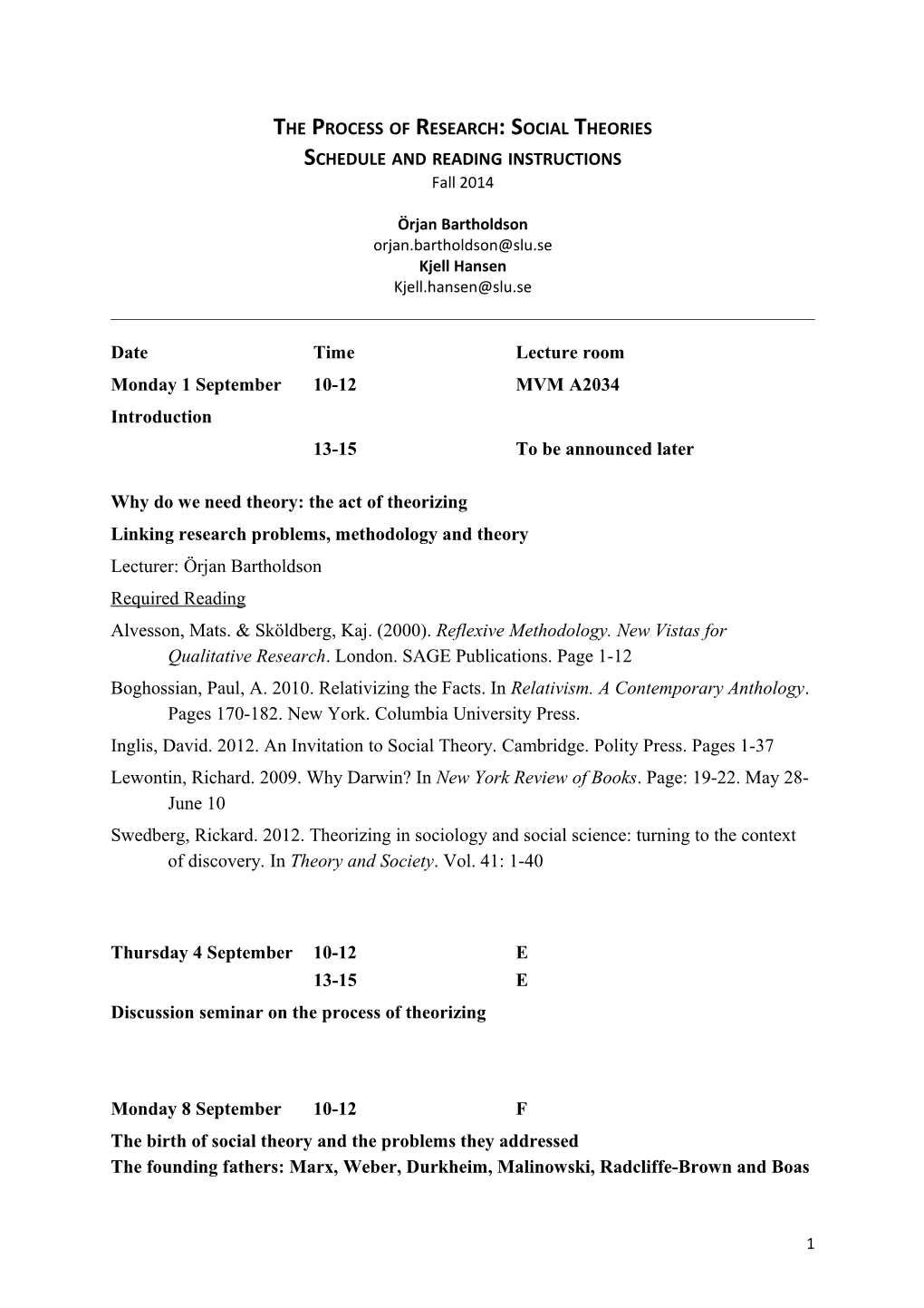 The Process of Research: Social Theories Schedule and Reading Instructions