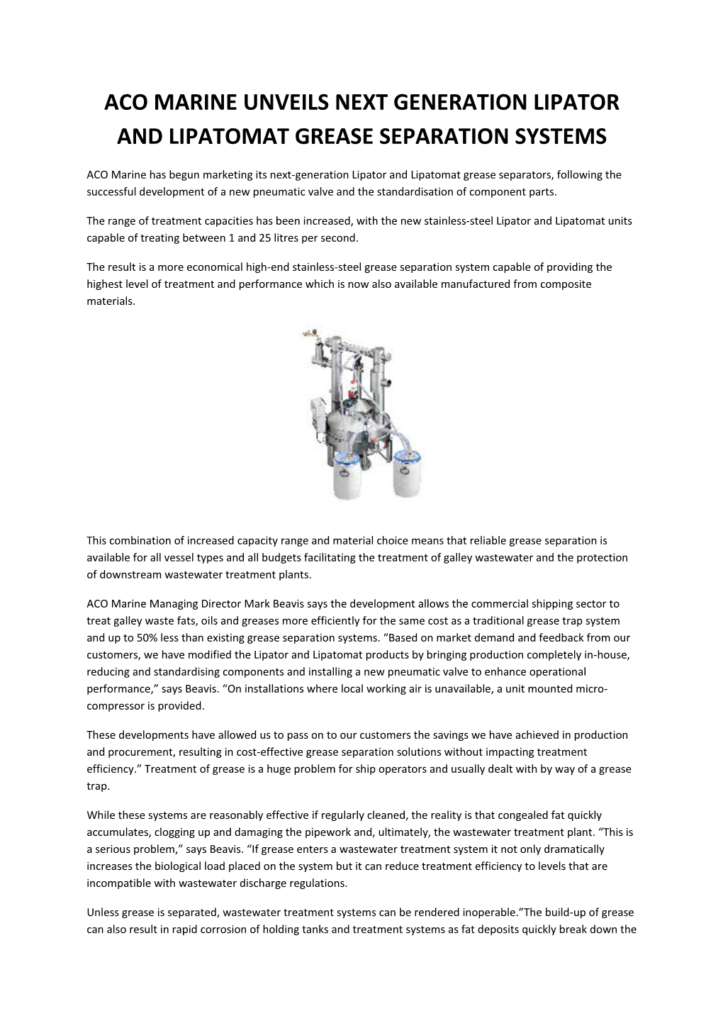 Aco Marine Unveils Next Generation Lipator and Lipatomat Grease Separation Systems