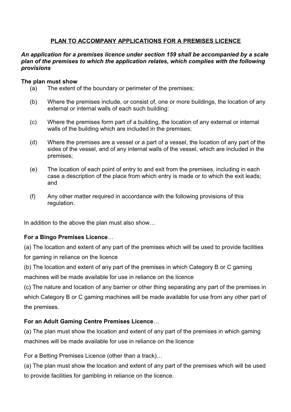 Plan to Accompany Applications for a Premises Licence