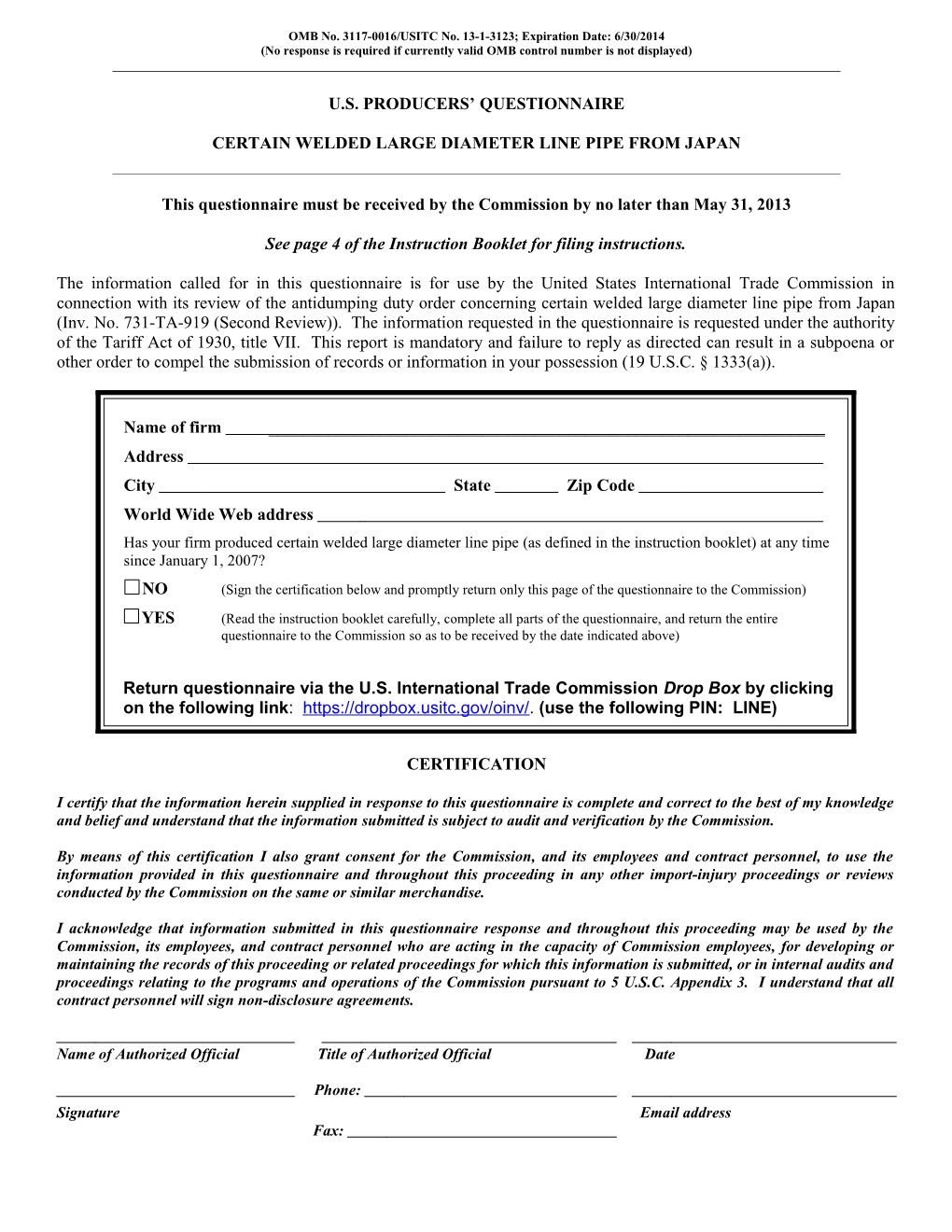 Welded Large Diameter Line Pipe from Japan Producer Questionnaire