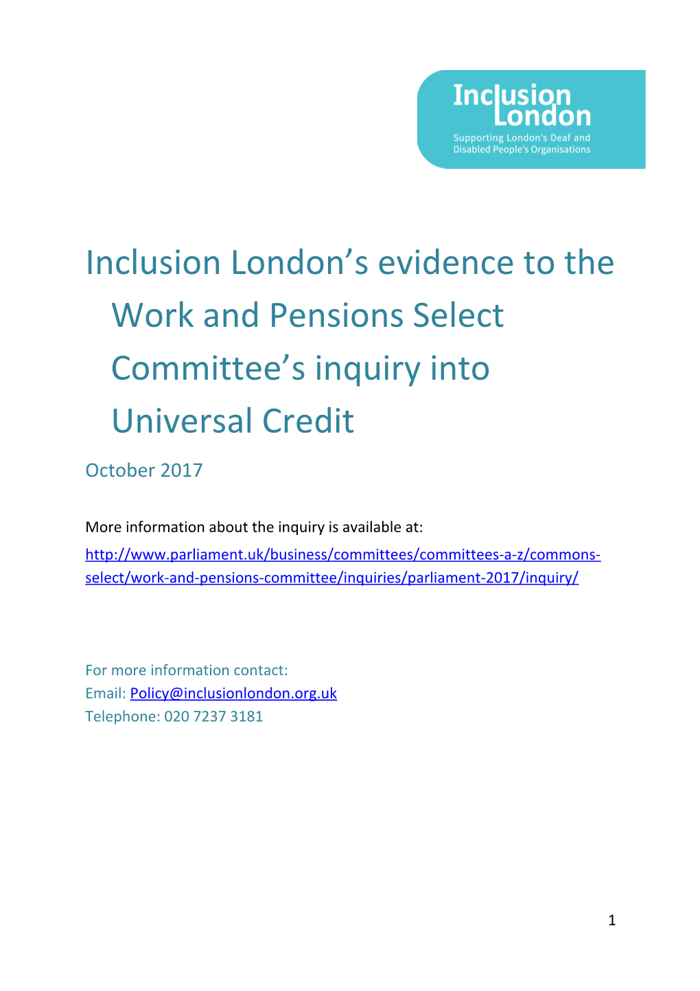 Inclusion London Sevidence to the Work and Pensions Select Committee S Inquiry Into Universal