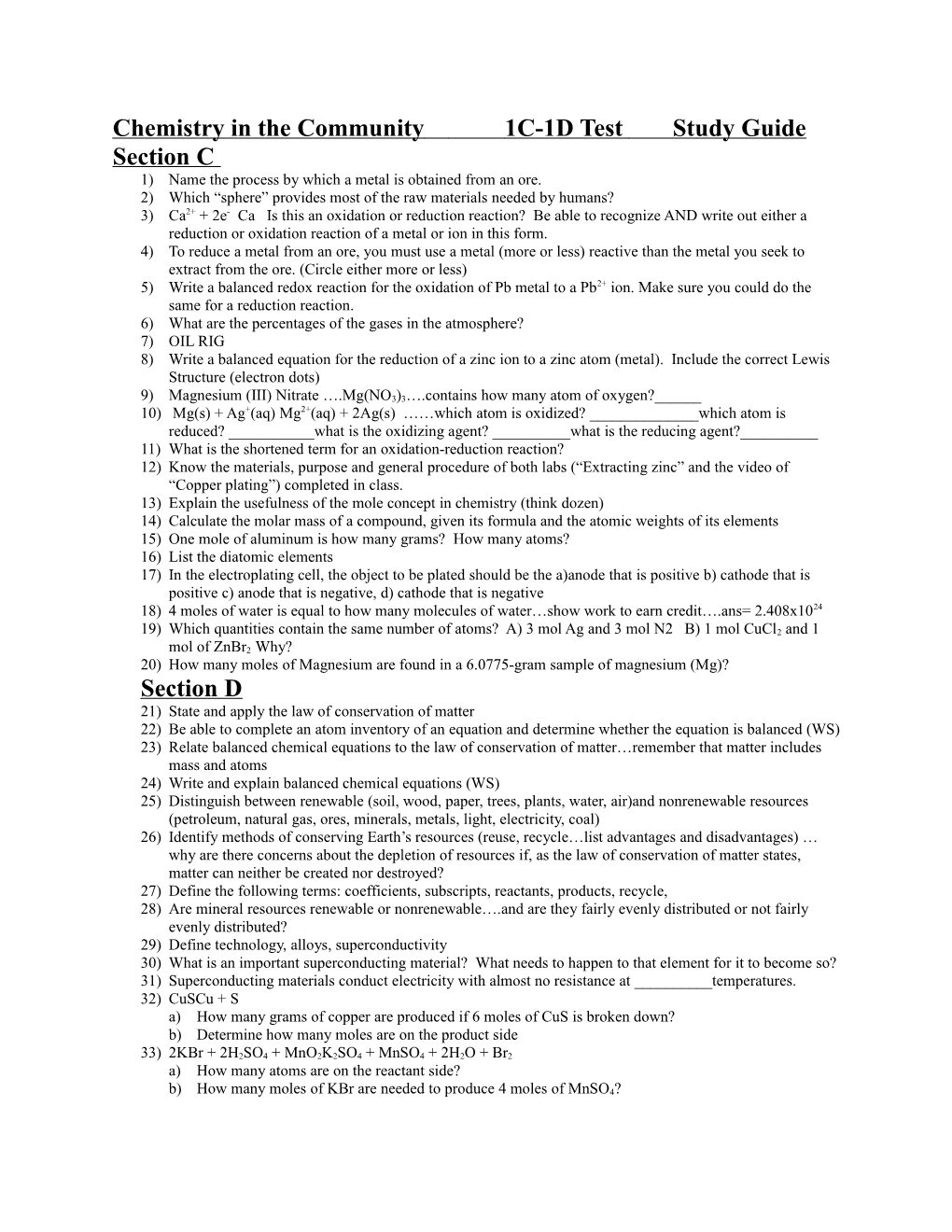 Chemistry in the Community1c-1D Test Study Guide