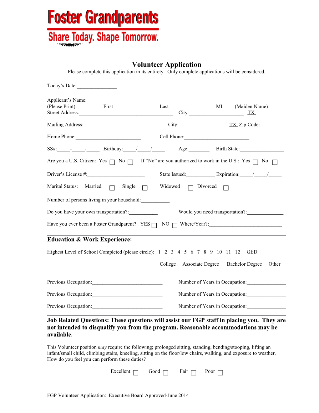 Fgp Volunteer Application