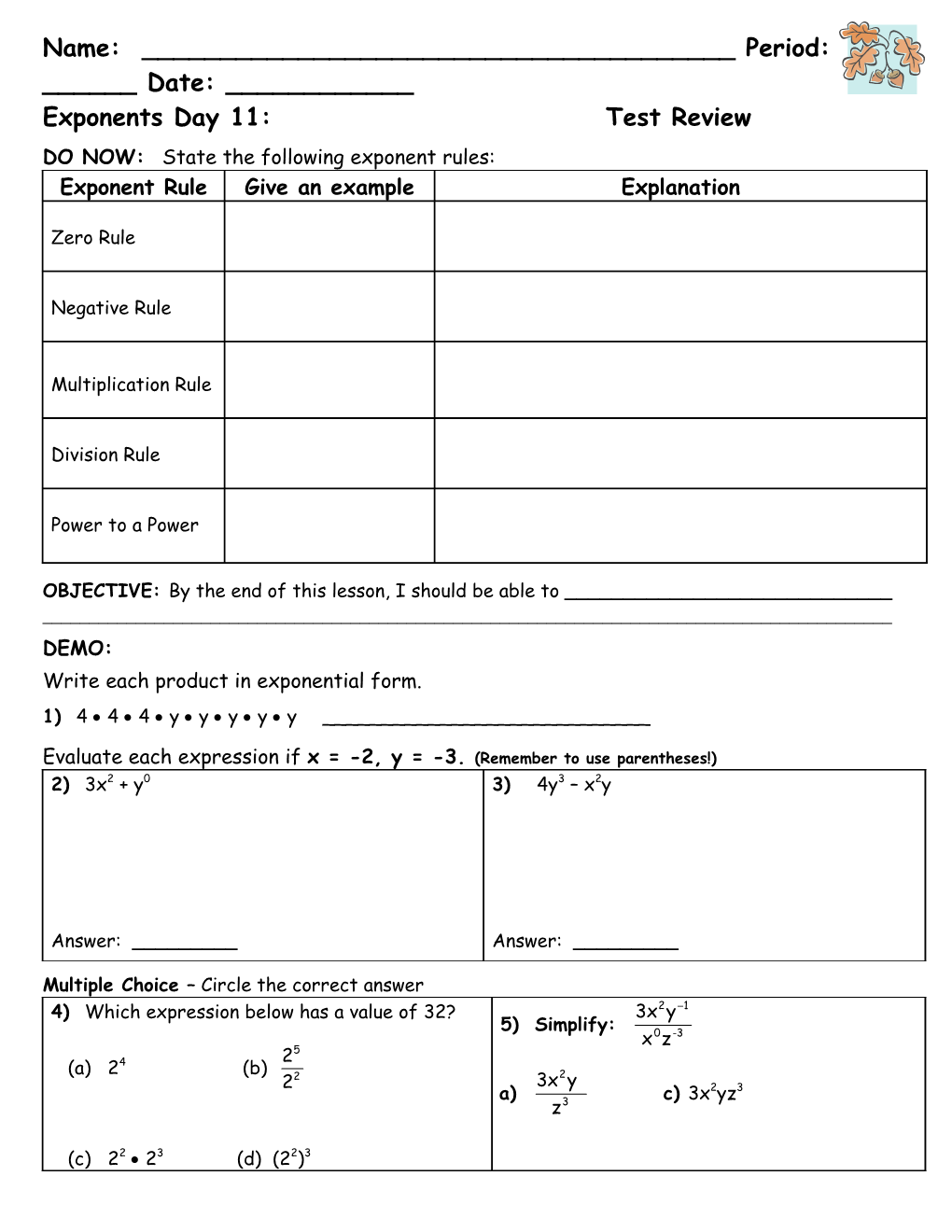 Exponents Day 11: Test Review