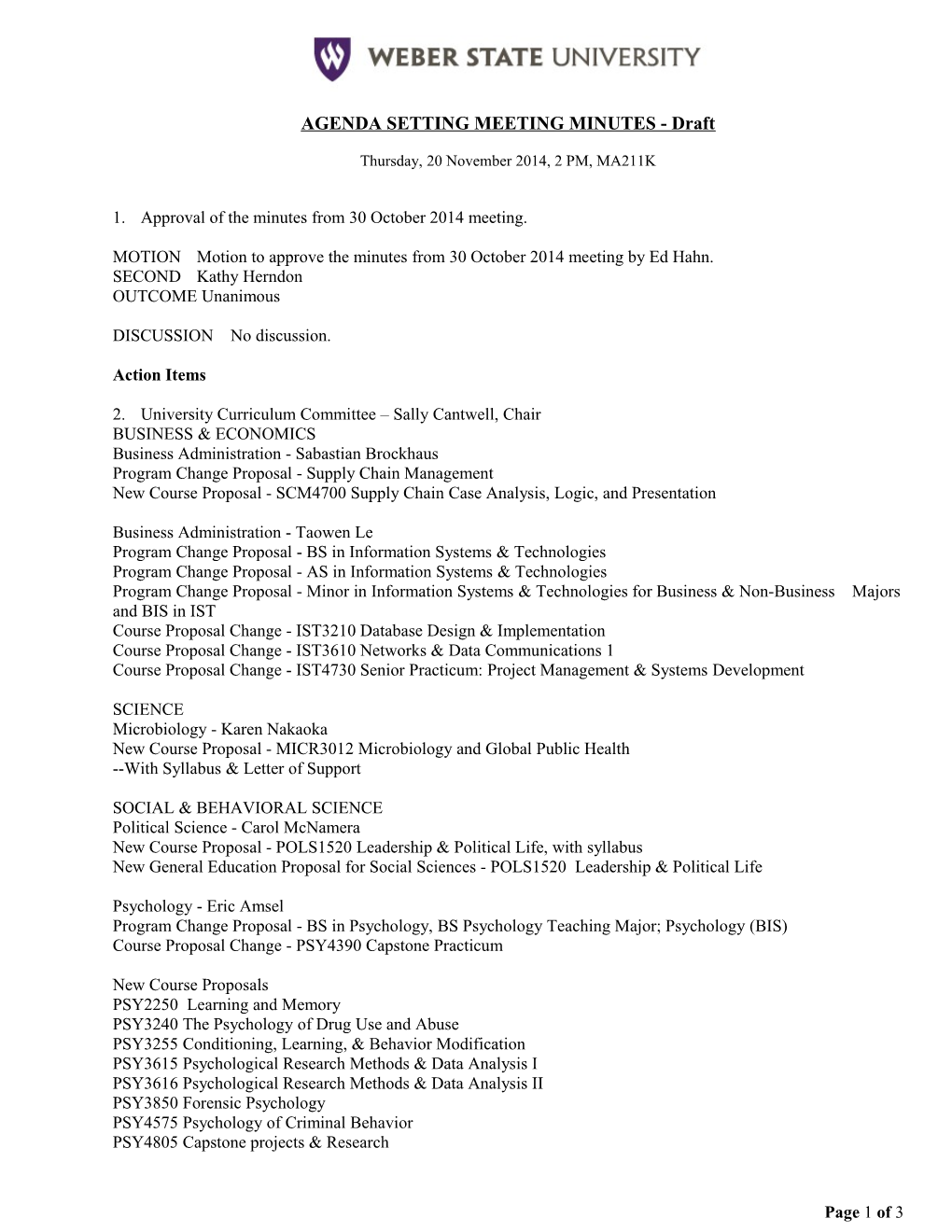 AGENDA SETTING MEETING MINUTES - Draft