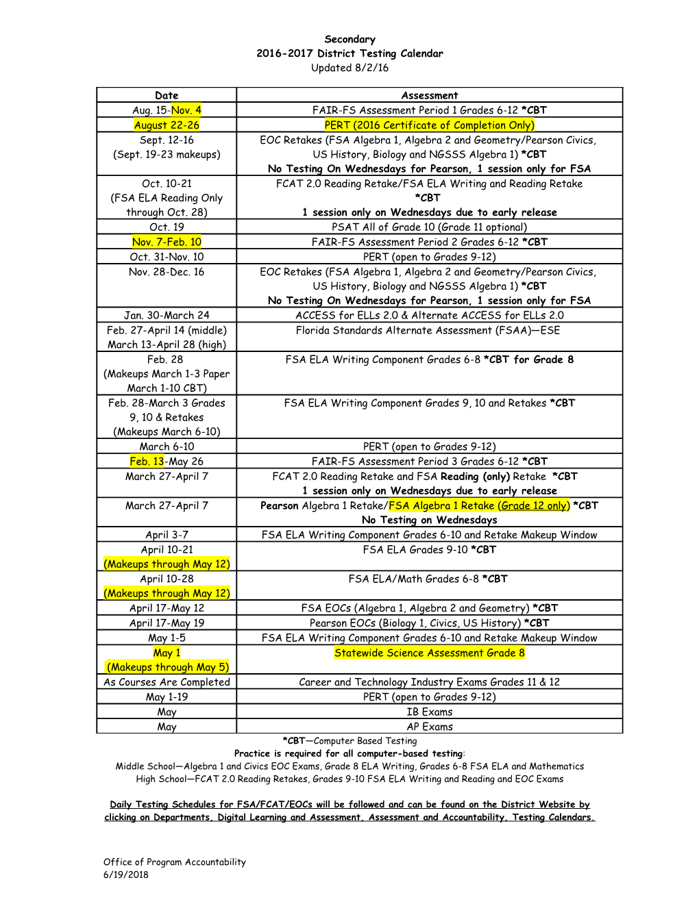 2016-2017 District Testing Calendar