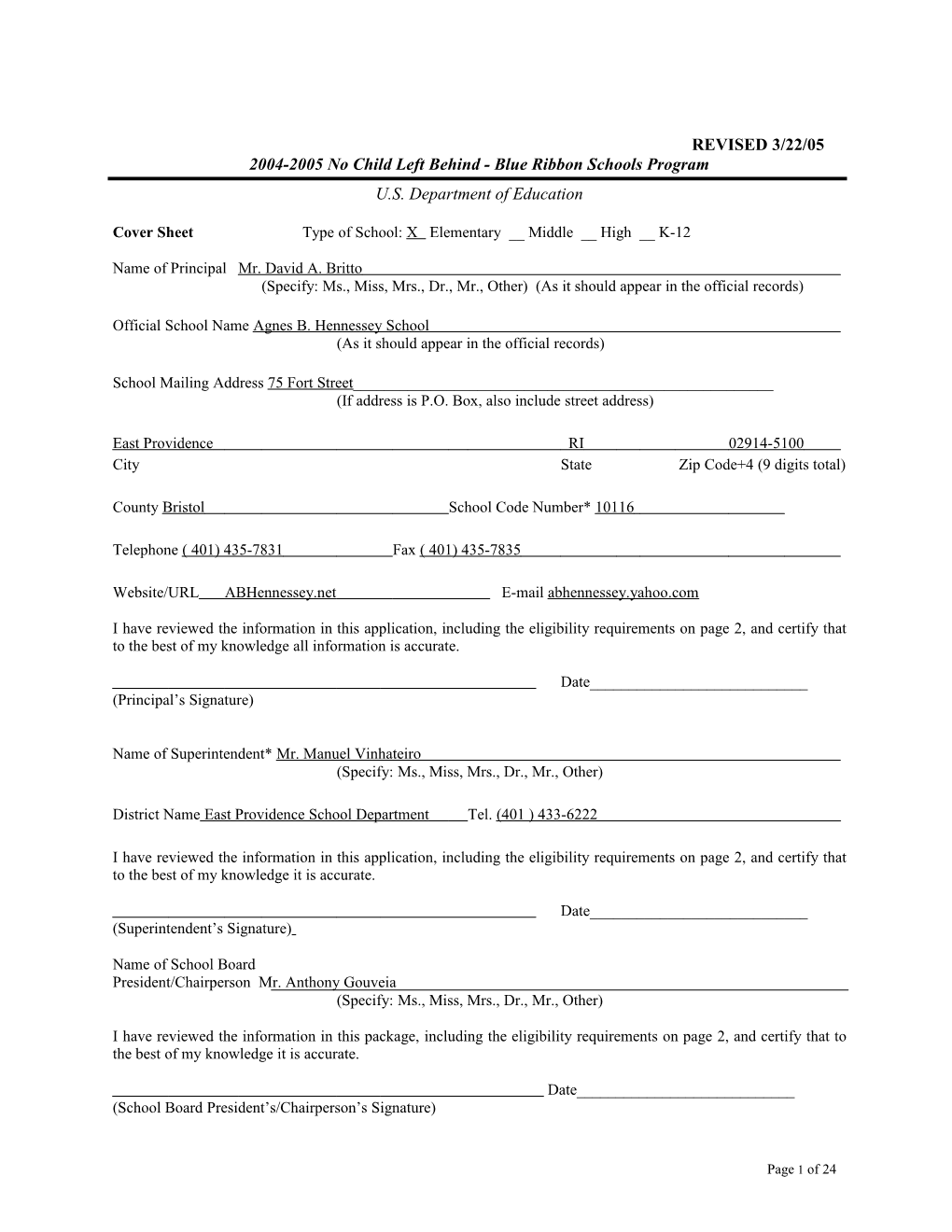 Agnes B. Hennessey School Application: 2004-2005, No Child Left Behind - Blue Ribbon Schools