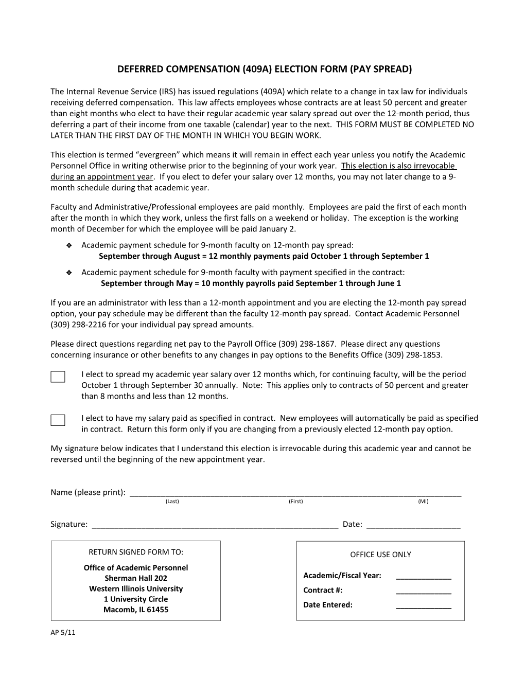 Deferred Compensation (409A) Election Form (Pay Spread)