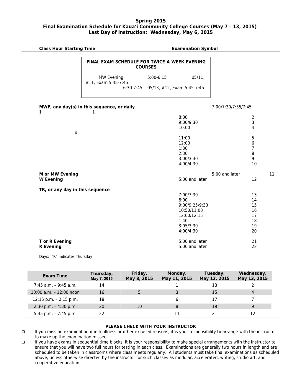 SPRING 2000 FINAL EXAMINATION SCHEDULE (May 4 10, 2000) for KAUA I COMMUNITY COLLEGE COURSES