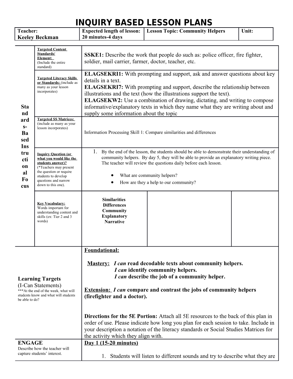 Inquiry Based Lesson Plans