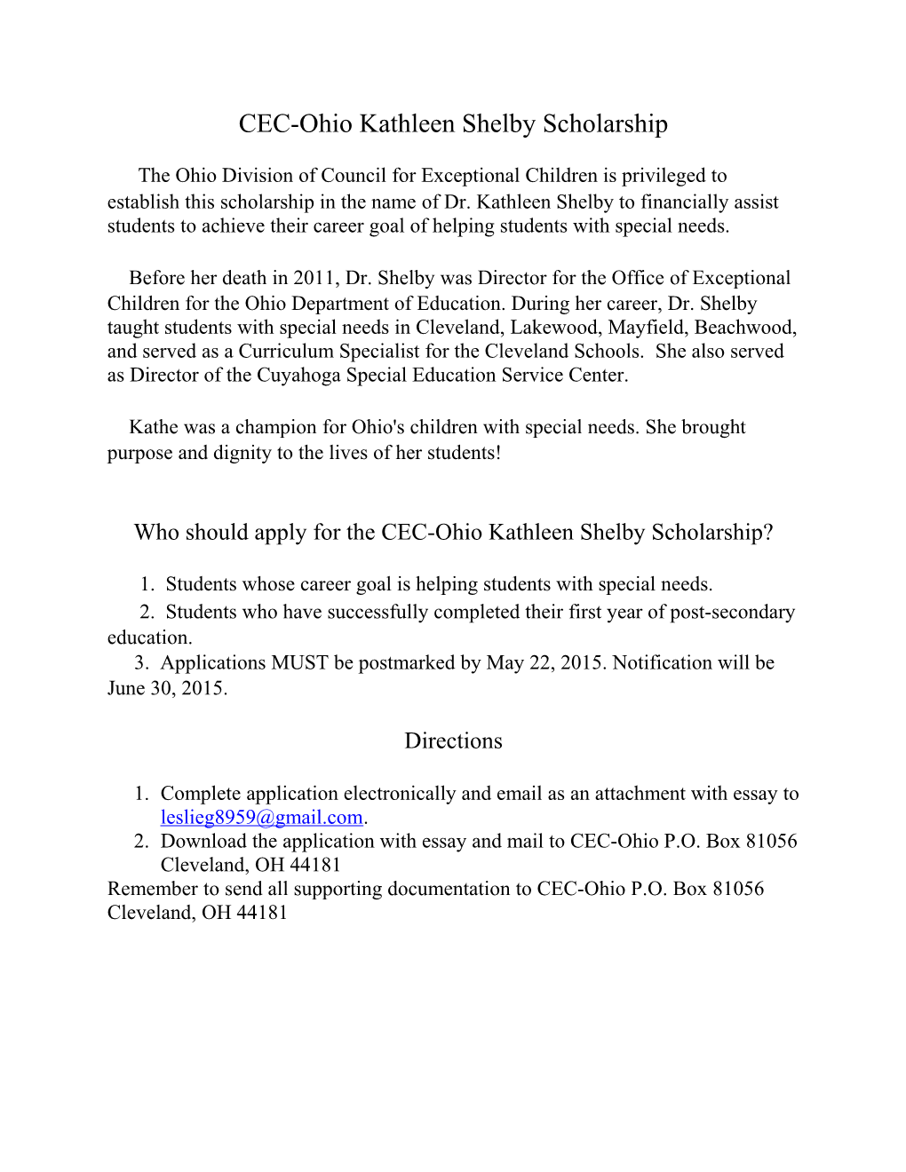 CEC-Ohio Kathleen Shelby Scholarship