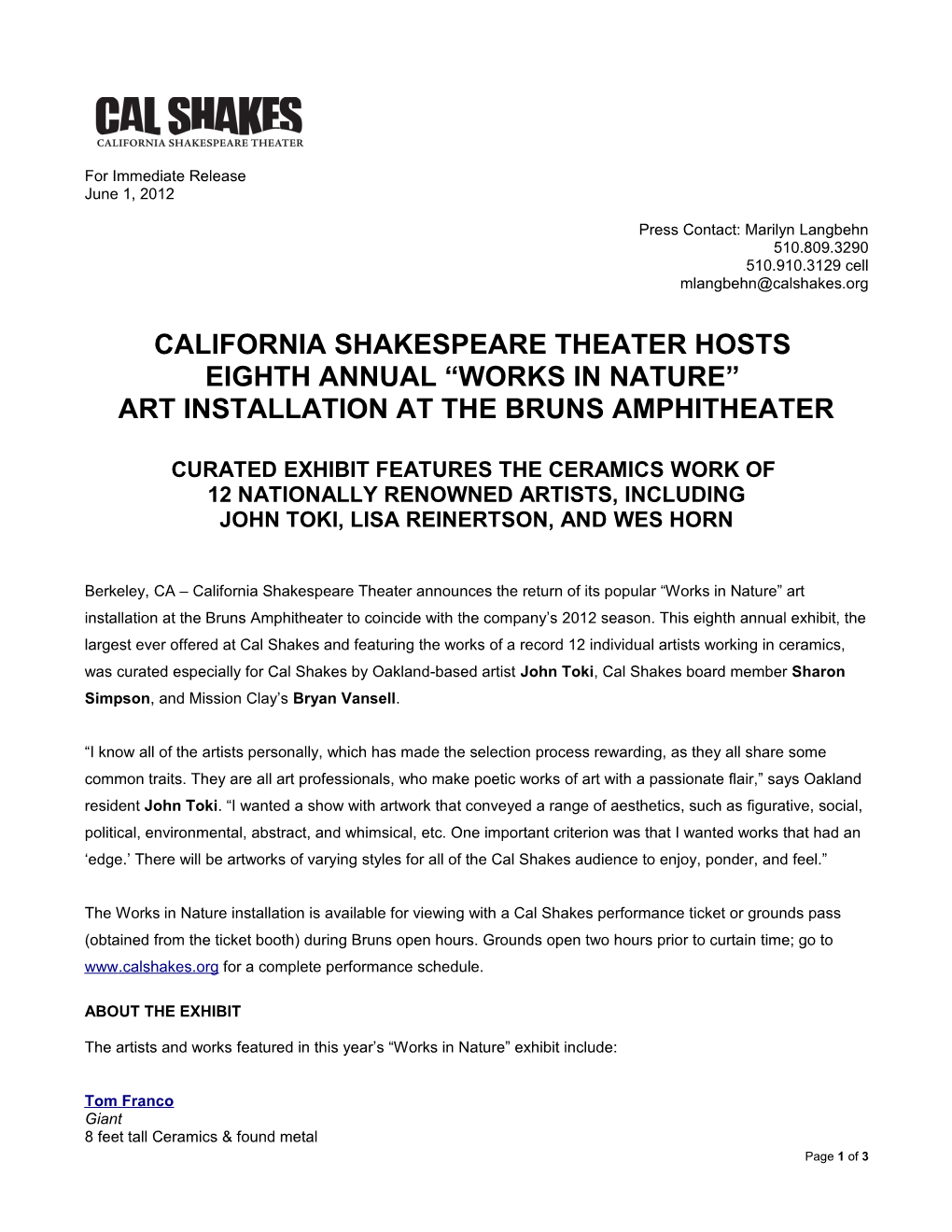 California Shakespeare Theater Hosts