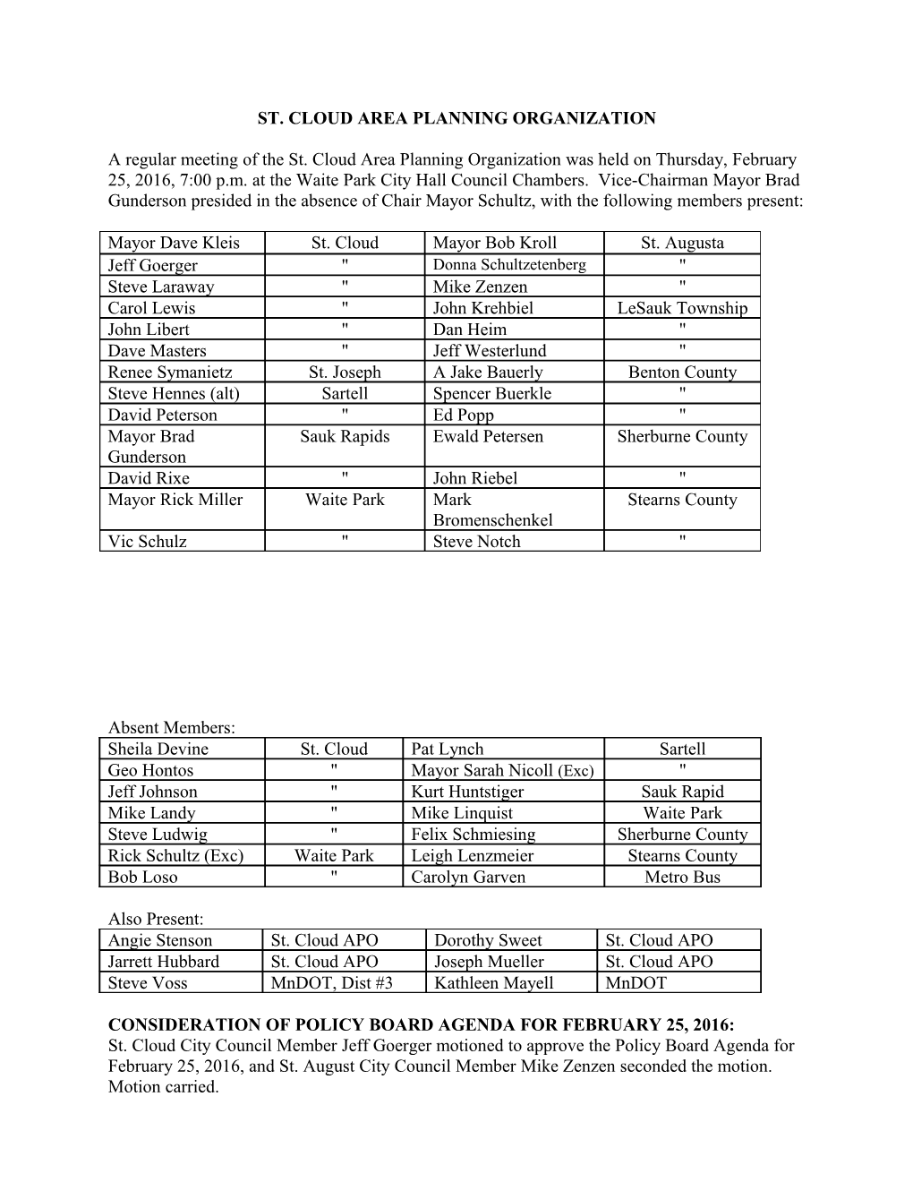 Consideration of Policy Board Agenda for February 25, 2016