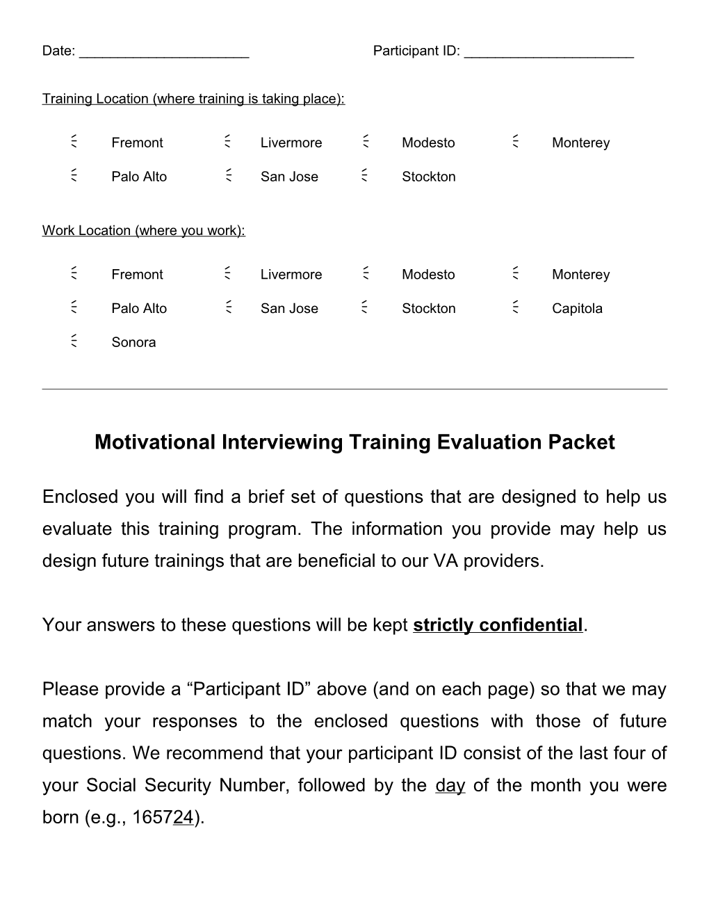 Motivational Interviewing Training Evaluation Packet