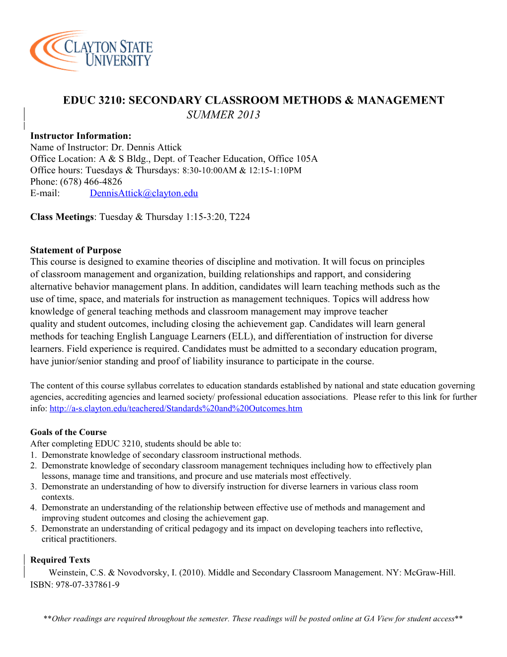 Educ 3210: Secondary Classroom Methods & Management