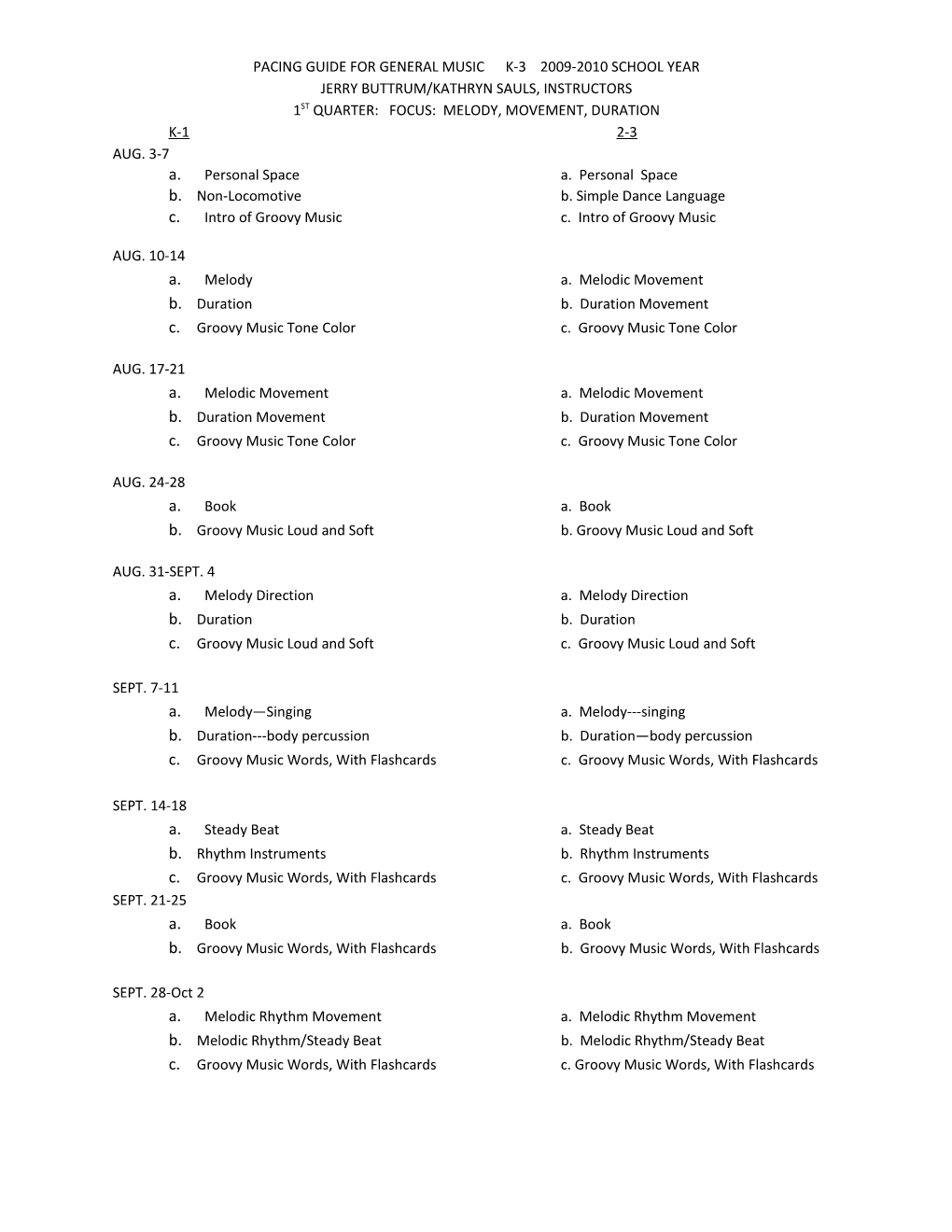 Pacing Guide for General Music K-3 2009-2010 School Year