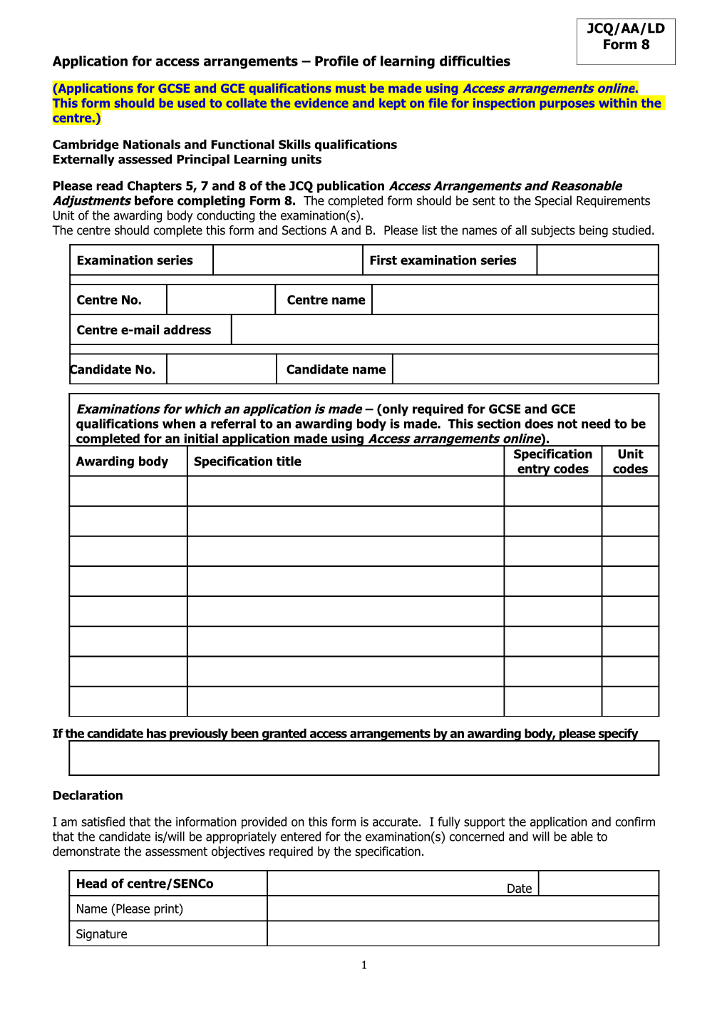 Application for Access Arrangements Profile of Learning Difficulties