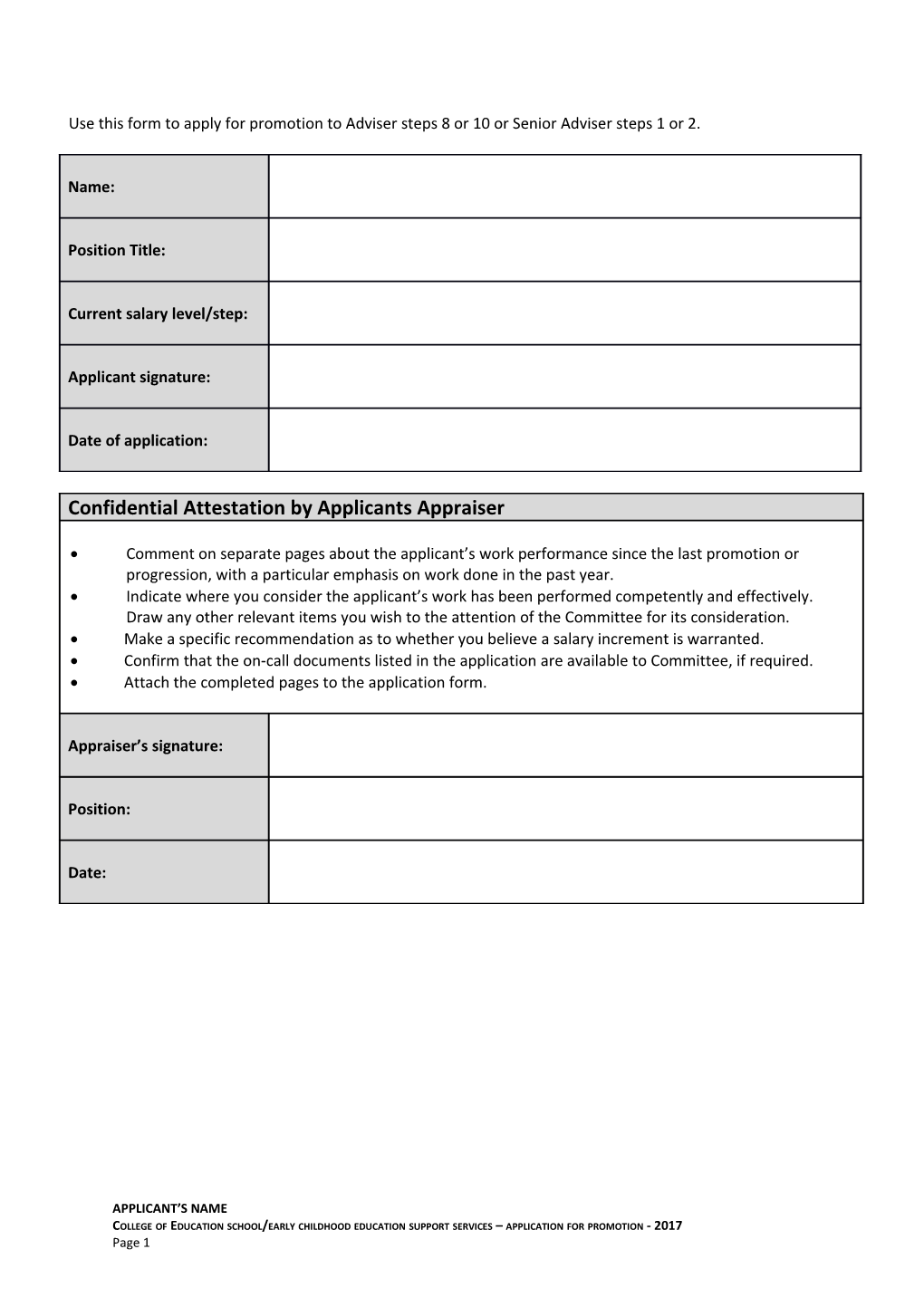 Use This Form to Apply for Promotion to Adviser Steps 8 Or 10 Or Senior Adviser Steps 1 Or 2