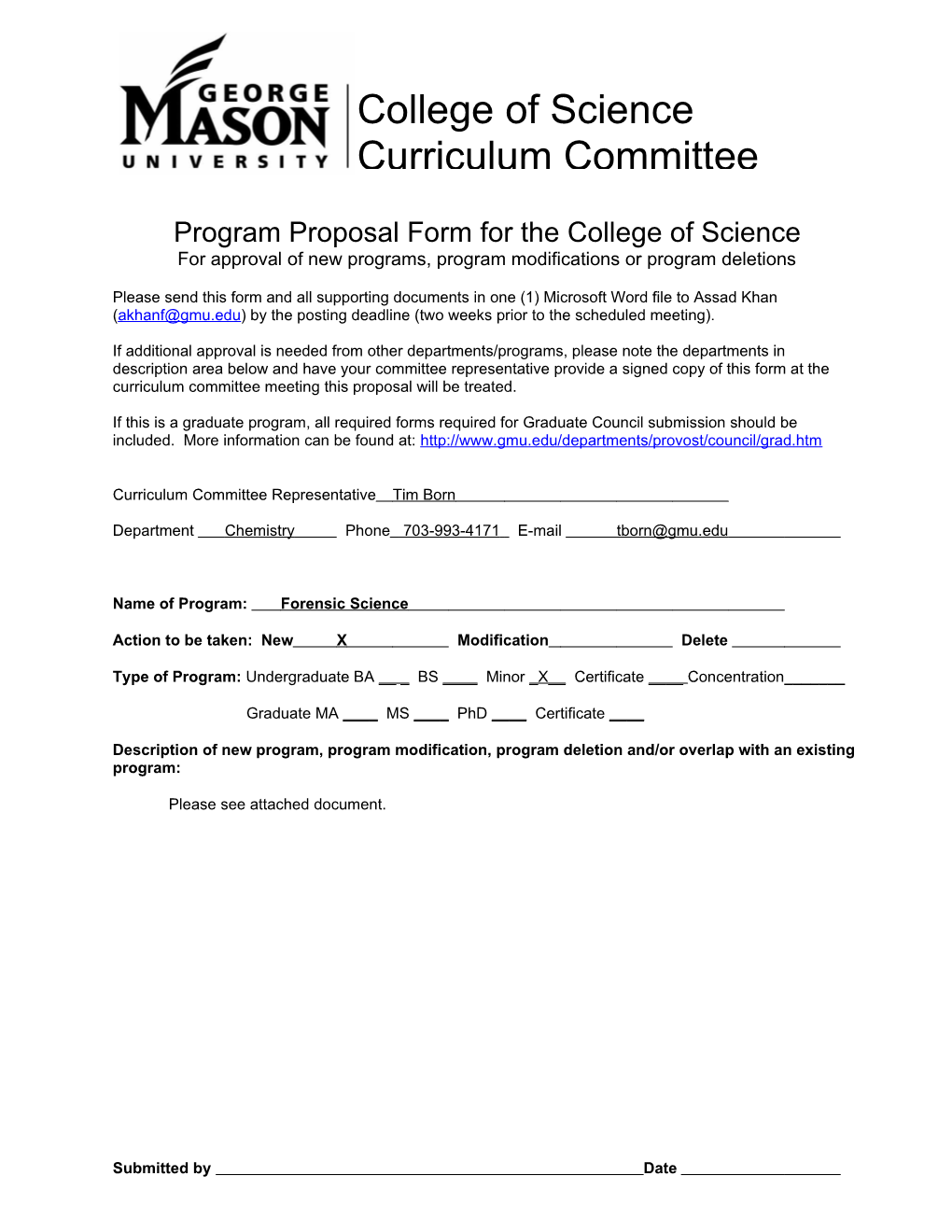 Program Proposal Form for the College of Science for Approval of New Programs, Program