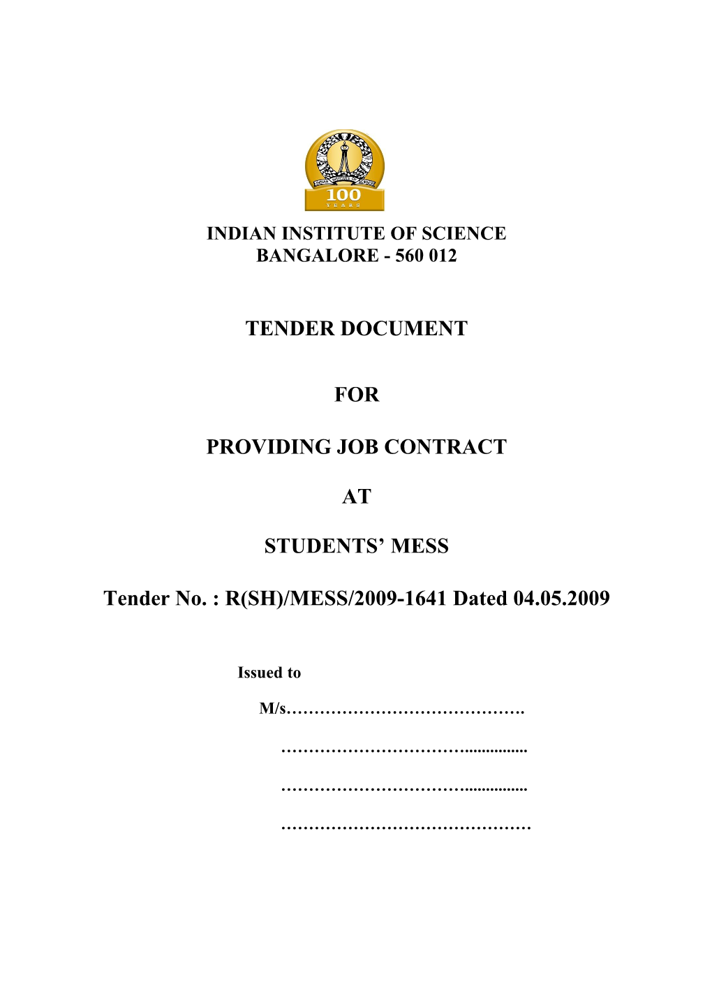 TENDER for CATERING SERVICES for STUDENTS HOSTEL at Iisc