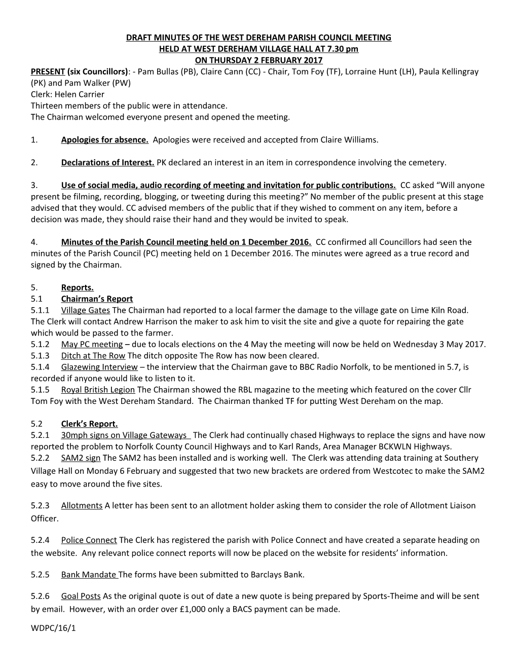 Draft Minutes of the West Dereham Parish Council Meeting