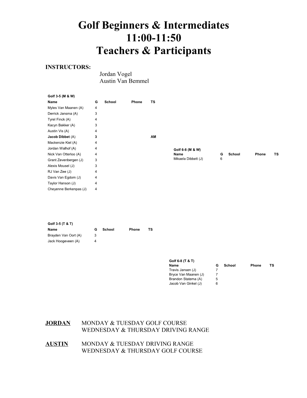 Golf Beginners & Intermediates