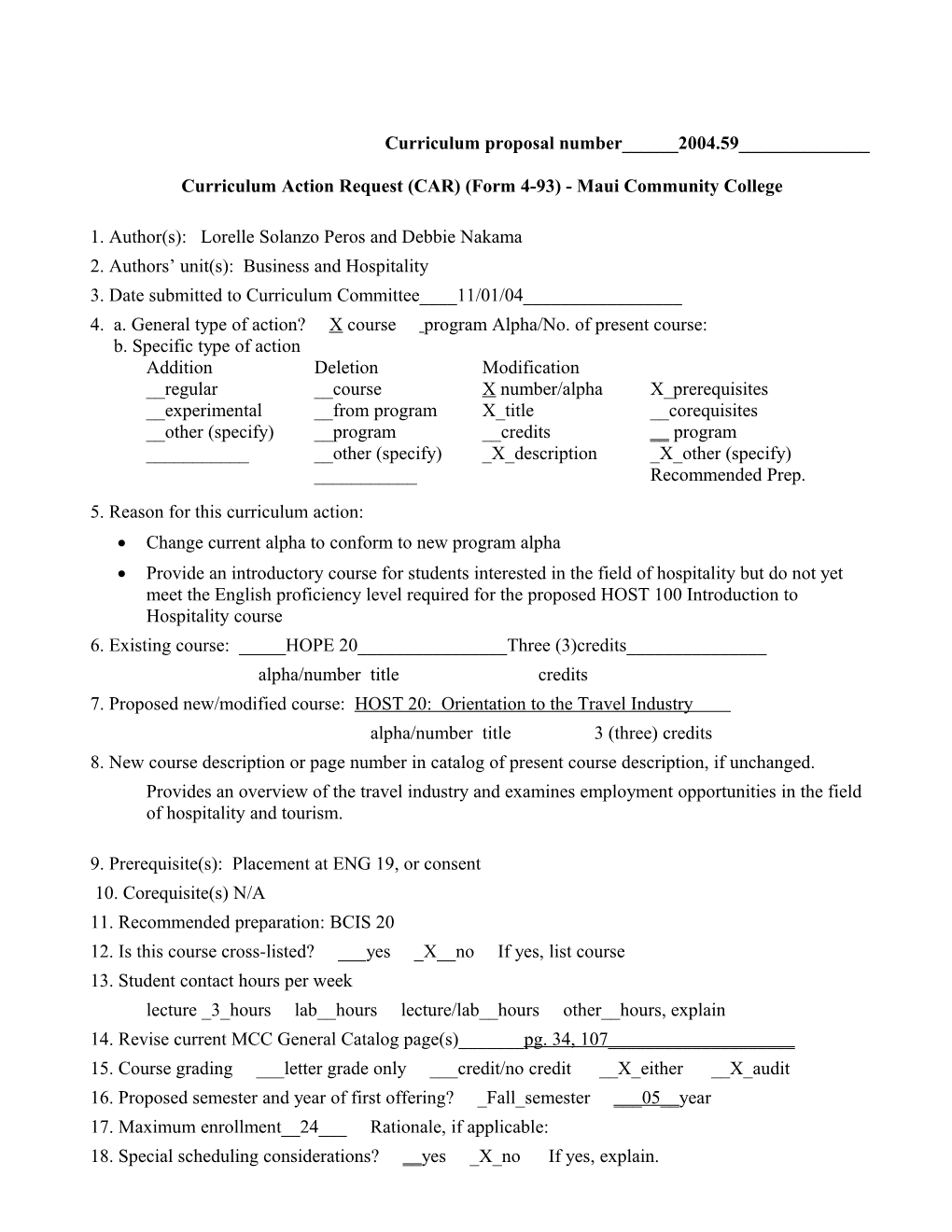 Curriculum Action Request (CAR) (Form 4-93) - Maui Community College s1