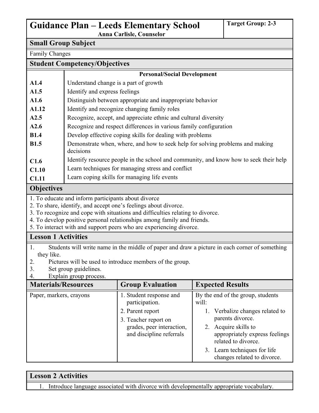 Guidance Plan Leeds Elementary School